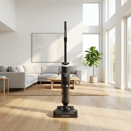 Elvorys Aerodry Pro aspirateur laveur sur parquet dans un intérieur design